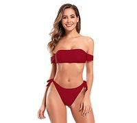 SHEKINI Maillots de Bain Deux Pièces Femme Bikini Bandeau Halter Réglable épaules dénudées Élégant Bikini Femme 2 Pièces Taille Basse Réglable String Bas de Bikini de Plage(L,Vin Rouge)