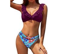 SHEKINI Maillots de Bain Deux Pièces Femme Col en V Rembourré Élégant Volants Halter Bikini Top Bikini Femme 2 Pièces Triangle Imprimé Cutout Bas de Bikini (Violet, M)