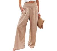 SHEKINI Pantalon Femme en Lin Élastique Pantalon avec Poches Ample Fluide Jambe Larga Pantalon Décontracté à Taille Haute Elegant Casual Pants