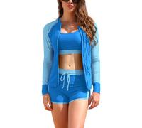 SHEKINI Rash Guard Set 3 Pièces Femme Haut de Maillot de Bain Rashguard Manches Longues Zippé+Brassiere+Shorts de Sport pour Surf Séchage Rapide