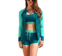SHEKINI Rash Guard Set 3 Pièces Femme Haut de Maillot de Bain Rashguard Manches Longues Zippé+Brassiere+Shorts de Sport pour Surf Séchage Rapide