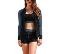 SHEKINI Rash Guard Set 3 Pièces Femme Haut de Maillot de Bain Rashguard Manches Longues Zippé+Brassiere+Shorts de Sport pour Surf Séchage Rapide