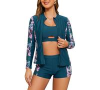 SHEKINI Rash Guard Set 3 Pièces Femme Rashguard à Manches Longues Maillot de Bain avec Zippé+Brassiere+Shorts de Sport pour Surf Séchage Rapide