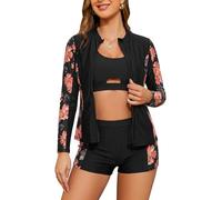 SHEKINI Rash Guard Set 3 Pièces Femme Rashguard à Manches Longues Maillot de Bain avec Zippé+Brassiere+Shorts de Sport pour Surf Séchage Rapide