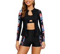 SHEKINI Rash Guard Set 3 Pièces Femme Rashguard à Manches Longues Maillot de Bain avec Zippé+Brassiere+Shorts de Sport pour Surf Séchage Rapide