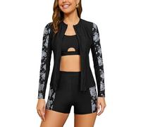 SHEKINI Rash Guard Set 3 Pièces Femme Rashguard à Manches Longues Maillot de Bain avec Zippé+Brassiere+Shorts de Sport pour Surf Séchage Rapide