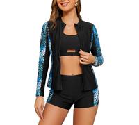SHEKINI Rash Guard Set 3 Pièces Femme Rashguard à Manches Longues Maillot de Bain avec Zippé+Brassiere+Shorts de Sport pour Surf Séchage Rapide