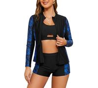 SHEKINI Rash Guard Set 3 Pièces Femme Rashguard à Manches Longues Maillot de Bain avec Zippé+Brassiere+Shorts de Sport pour Surf Séchage Rapide