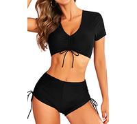 SHEKINI Women's High Waisted Bikini Set V Neck Short Sleeve Padded Drawstring Two Piece Bathing Costume Swimsuit, Noir , S