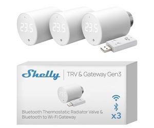 Shelly Blu TRV & Shelly Blu Gateway Gen3 - Tête thermostatique connectée Zigbee et Bluetooth avec Passerelle BLE (USB-A), Commande à Distance par app, Écran Rotatif - Lot de 3