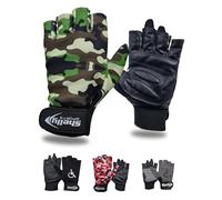 Shelly Gants pour fauteuil roulant - Gants de cyclisme sans doigts en cuir véritable avec paume rembourrée et respirante avec prise antidérapante (Vert Camo, Très grand)
