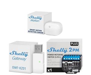 Shelly Plus 2PM + Shelly BLU Motion + Shelly BLU Gateway Bundle - Kit domotique avec Interrupteur volet Roulant connecté, Capteur de Mouvement et Passerelle Bluetooth to Wi-FI