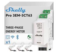 Shelly Pro 3EM-3CT63 - Compteur électrique Monophasé/Triphasé, Mesure 4 Fils, Montage sur rail DIN, Pince ampèremétrique incluse, Sortie d’impulsion, Systèmes photovoltaïques, Contrôle par App