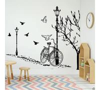 SHELOG Autocollant mural d'automne en vinyle pour vélo, lampadaire, arbre, oiseau, salon, chambre d'enfants, vélo, vue sur la ville, chambre à coucher