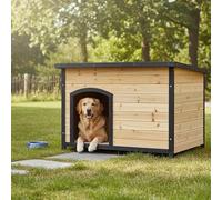 Shelty Pet Niche pour Chien Grande Taille 116x76x82cm | Bois de Sapin FSC Thermo-traité, Toit Plat Incliné Noir | Maisonnette Extérieure avec Panneaux Sol Amovibles et Toit à Charnières