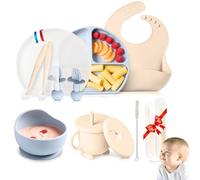 Shely Kids Coffret repas bebe avec Assiette ventouse pour bébé assiette 3 compartiments cuillere bebe 1er age x2-bol bebe bavoir silicone Gobelet pour bebe couvert enfant x2 (Gris/beige)