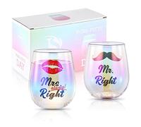 SHENDONG Lot de 2 verres à vin Mr Right avec inscription « Mrs Always Right » pour couple, fiançailles, mariage, fête prénuptiale, cadeaux de Noël pour marié, Saint-Valentin, 450ml avec boîte cadeau