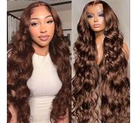 ShengCai Perruques de cheveux humains marron chocolat 33 x 4 densité 180 ondulées avec dentelle frontale pré-épilée 81,3 cm