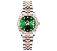 SHENGKE Montre pour Femmes avec Bracelet en Alliage d'acier et Cristaux Montre à Quartz et Calendrier pour Femmes (Rosegold-Vert)