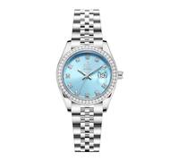 SHENGKE Montre pour Femmes avec Bracelet en Alliage d'acier et Cristaux Montre à Quartz et Calendrier pour Femmes (Argent et Bleu Ciel)