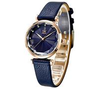 SHENGKE Montres pour Femmes Mode Simple Montre Femme Creative Montre Femme Montre-Bracelet Étanche avec Bracelet en Cuir，Bleu