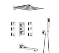 SHENGMIAOHE Système de Douche Àtat Nickel Brossé, 10 "Cache de Douche de Pluie Carrée Avec Douche À Main,Gnoire À Jet de Massage Corporel, Jeu de Robinet de Douche Mural