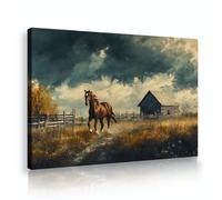SHENGPOSTER Art de toile de cheval solitaire Ciel sombre et orageux Décoration murale de clôture Affiches rurales vintage Images pour salle à manger Bureau Entrée Cadre intérieur 55x80cm
