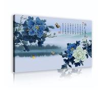 SHENGPOSTER Art floral traditionnel Toile Art mural Poésie chinoise Inscription Impressions d’images Pivoine papillon et paysage Oeuvre d’art Décor de chambre 50x90cm Cadre intérieur