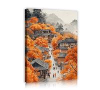 SHENGPOSTER Art mural poétique de style chinois Peintures murales en toile d’un village ancien Images d’érables imprimées sur toile pour décorations murales de ferme Cadre intérieur 50x65cm