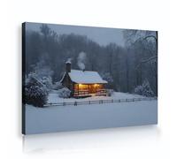 SHENGPOSTER Hiver Scène De Neige Toile Art Mural Maison En Bois Avec Lumières Chaudes Jungle Mur Impression D’art Pour Salon Chambre Bureau Décor Prêt à Accrocher 40x56cm Cadre Intérieur
