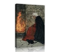 SHENGPOSTER Impression sur toile sorciere gothique vintage, Peinture deco poster elegante cheminee conte et chat noir, piece bibliotheque dark academia cadre int. 70x105cm