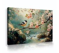 SHENGPOSTER oiseau fleur sérénité toile Wall Art pêcher fleur vallée et étang décor mural photos pour ferme salon chambre à coucher prêt à accrocher 65x98cm cadre intérieur