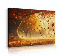 SHENGPOSTER Toile d’automne lumière et ombre Art mural Tronc d’arbre ancien Feuilles tombantes Gravures sur toile Décoration murale Salon Décoration intérieure Orange-or 70x105cm