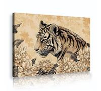SHENGPOSTER Toile de style oriental art mural tigre et chrysanthème fleurs affiche décoration murale pour chambre salle de bain salon salle d’étude prêt à accrocher 40x56cm cadre intérieur