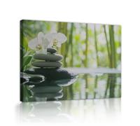 SHENGPOSTER Zen Spa Toile Impression d’art Équilibre Pierre Réflexion De l’Eau Peinture Vert Jungle Blanc Orchidées Images Murales Pour Salon Chambre 32x42cm Cadre Intérieur
