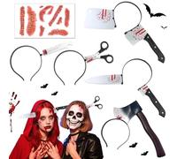 Shengruili Lot de 5 couteaux d'Halloween dans la tête avec 30 autocollants, couteau dans la tête, serre-tête d'Halloween, couteau d'Halloween, hache dans la tête, ensemble d'accessoires effrayants