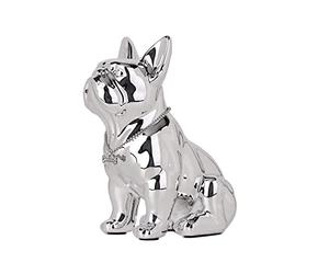 SHENGTIAN Statue Bouledogue Français - Sculpture Moderne en Résine avec Collier Argenté - Statuette de Chien pour Salon, Bureau, Couloir et Chambre (22cm, Argent)