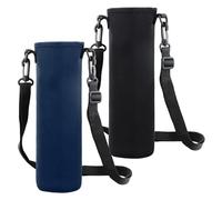 Shengxi 2 Pièces Sac de Bouteille d'eau, 8 × 25 cm Grand Porte-Bouteille Thermos Pochette Bouteille avec Bandoulière Réglable pour Sport Randonnée Cyclisme Voyages Campus (Noir+Bleu)