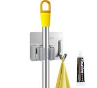 SHENGYIG Support de Balai Murale Lot de 2 - Porte-Outils sans Perçage avec Crochet - Manche à Balai/Râteau/Pelle - Acier Inoxydable Gris - Pour Jardin/Cuisin/Salle de Bain
