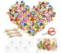SHENSAIGO Lot de 100 petites pinces à linge en bois en forme de cœur multicolores avec 30 m de ficelle de jute et ciseaux 6 crochets autocollants de 3,5 cm pour photos, scellage alimentaire