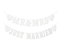 Shensuii Bannière Just Married pour Cérémonie et Photos, Blanc pur | Bannière Just Married en Papier de Qualité, Lettrage Blanc et Cœur, Ficelle Ajustable, Parfaite pour Mariages et Photos