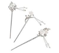 SHERCHPRY 3pcs Bâtonnets à Cheveux Vintage à Pompons en Alliage de Zinc et Strass Argentés, Décoration Solide et Élégante pour Chignon et Usage Quotidien