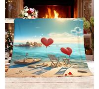 Sherpa Couverture Bord De Mer, Amour du Bord De Mer Plaid Polaire Flanelle Super Chaude Couverture Douillette Douce et Chaude Bleu Antistatique Plaids pour Lit Canapé Camping Voyage