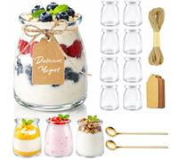 Sheryl&Rain 150ml Pot Yaourt en Verre avec Couvercle, Cuillère, 12 Pièces Petit Pots de Yaourts avec Etiquettes et 10M Ficelle, pour Yaourt Maison, Desserts, Overnight Oats Conservation, Pudding