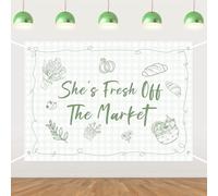 She's Fresh Off The Market Bridal Shower Decorations, Farmer Backdrop Green Vegetable Fruit Flower Photography Background for Women Bachelorette Party Engagement Supplies 7x5ft
