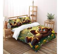 SHEVIOMB Brown Bear and Butterfly Housse De Couette 3 Pièces Parure De Lit Cute Animals Couvre-Lit Microfibre pour Adulte Et Enfant avec Fermeture Éclair Et Taies d'oreiller Super King（260x220cm）