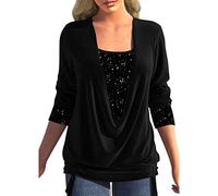 Shffuw Chemisier Femme Haut Paillettes Strass Femme Sexy SoiréE Haut Faux Deux pièces Ample à Smocks et col en U à Sequins Chemisiers Et Blouses Femme Chemisier Femme Chic Et éLéGant Manche Longue