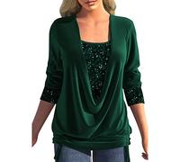 Shffuw Chemisier Femme Haut Paillettes Strass Sexy Soirée Faux Deux Pièces Ample à Smocks Et Col En U à Sequins Chemisiers Et Blouses Chic Et Élégant Manche Longue