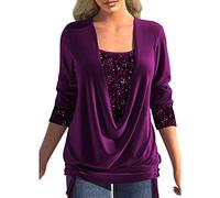 Shffuw Chemisier Femme Haut Paillettes Strass Sexy Soirée Faux Deux Pièces Ample à Smocks et Col en U à Sequins Chemisiers Et Blouses Chic Et Élégant Manche Longue