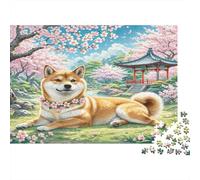 Shiba Inu Carton Shiba Inu avec cerisiers en Fleurs et pavillon Puzzle Classique Cadeau Secret de Noël de Collection 70x50cm/1000 pièces